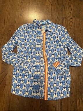 Brand New J McLaughlin Geometric Print Button-Down Shirt in Blue and White